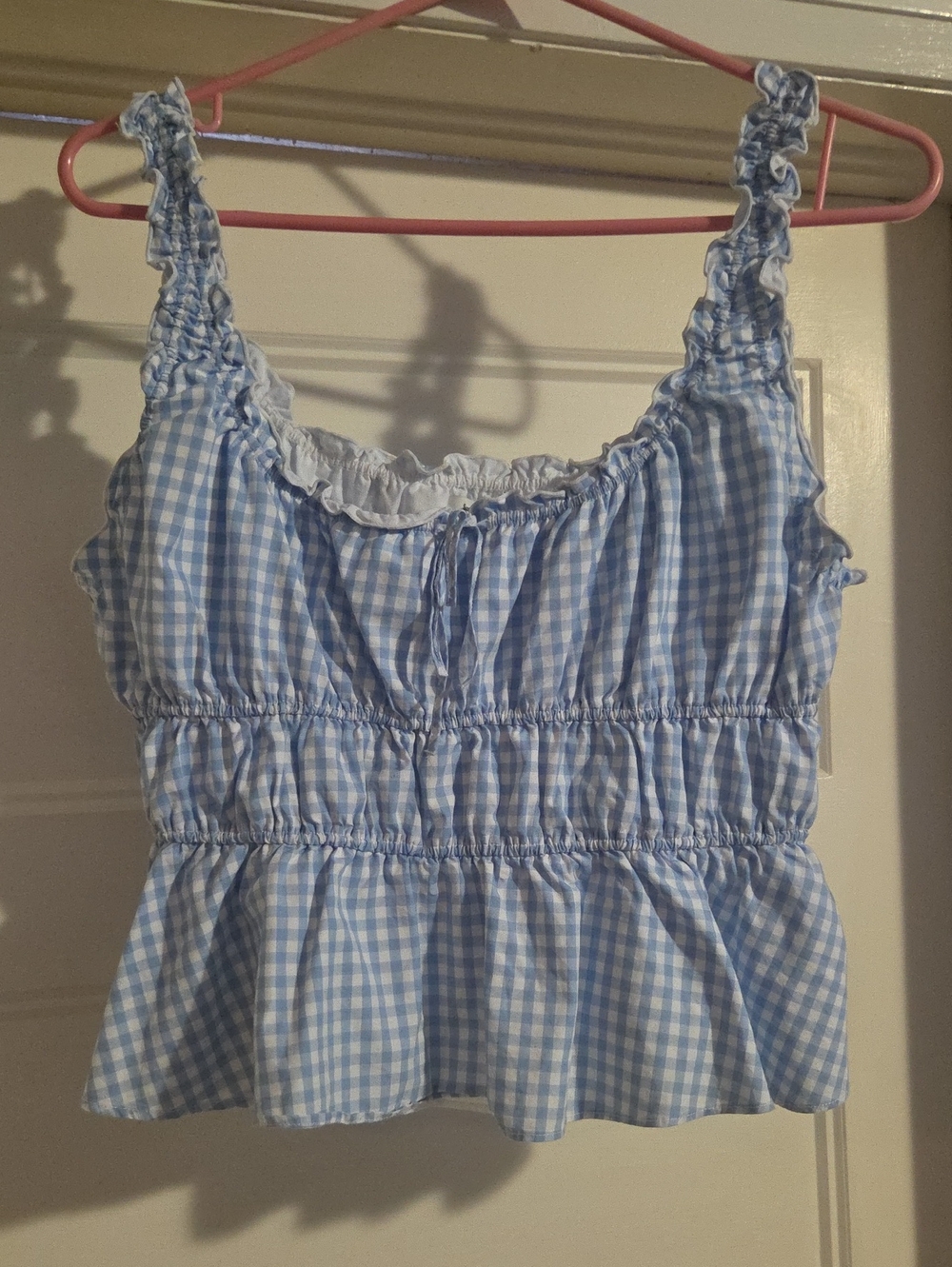 Aritzia Light Blue Gingham Ruffle Peplum Top